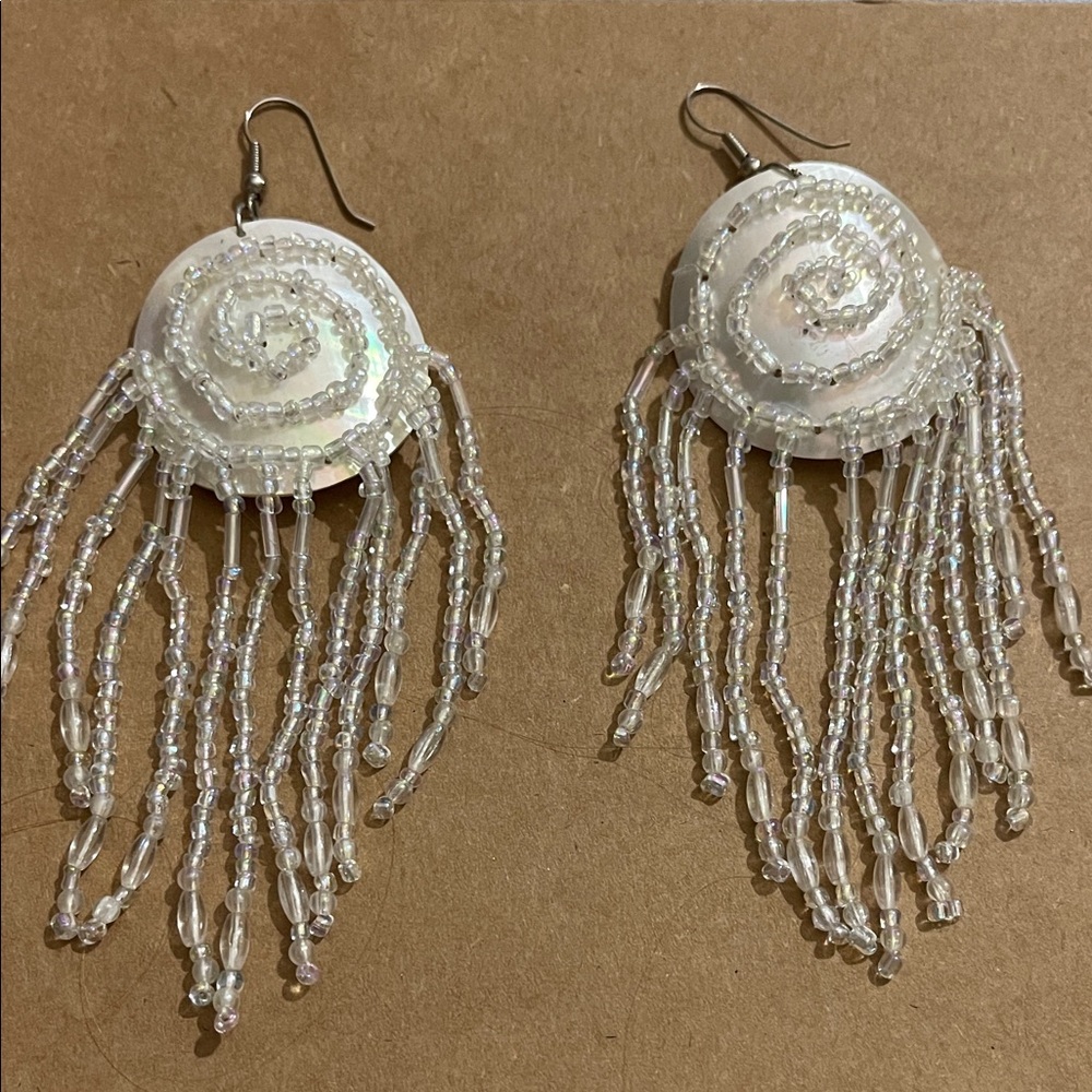 Handmade Shell and White Beaded Earrings! Statement earrings! Perfect for summer
